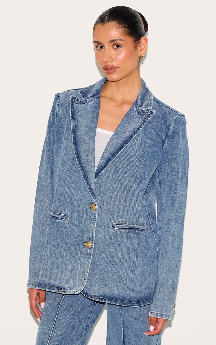 Tall Vintage Mid Wash Oversized Button Denim Blazer image 1
