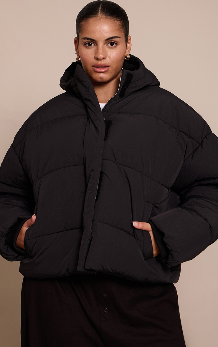 Plus Cropped Black Drawstring Puffer Jacket image 1
