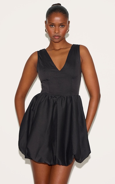Black Tailored Woven V Neck Puffball Mini Dress