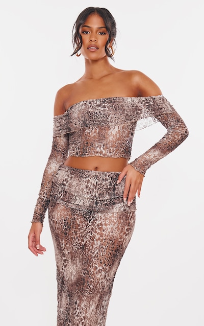 Tall Leopard Crushed Lace Bardot Top