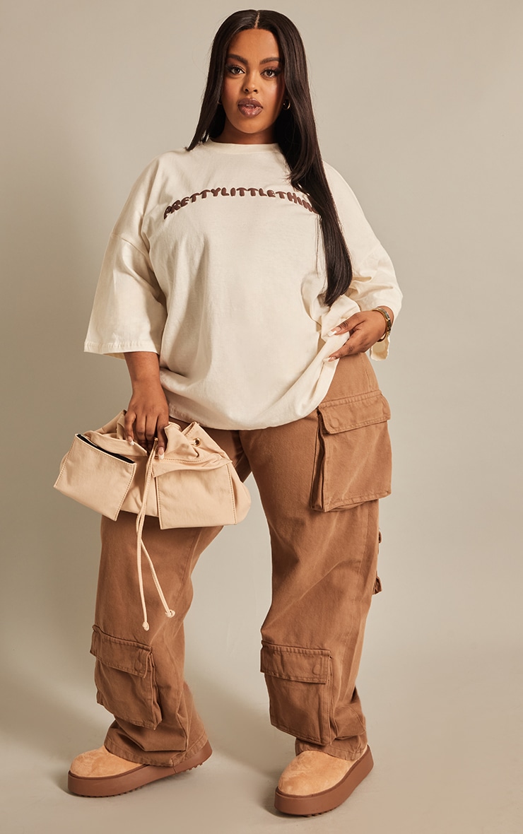 PRETTYLITTLETHING Plus Stone Puff Print T Shirt image 3