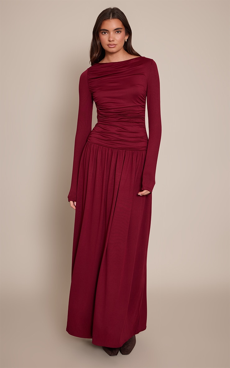 Wine Soft Touch Jersey Ruched Long Sleeve Maxi Dress