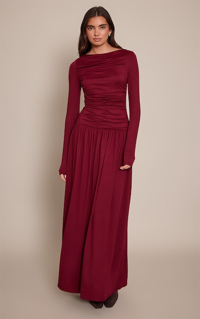 Wine Soft Touch Jersey Ruched Long Sleeve Maxi Dress