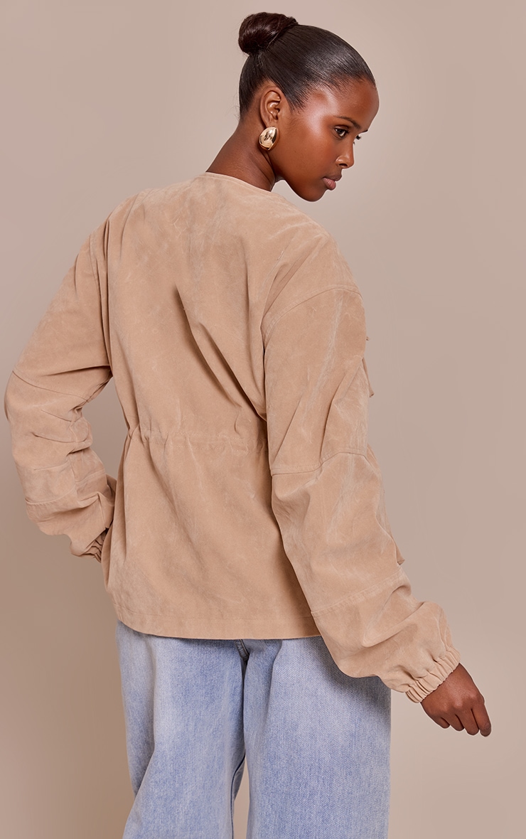 Sand Structured Faux Suede Pocket Detail Adjustable Waist Jacket image 2
