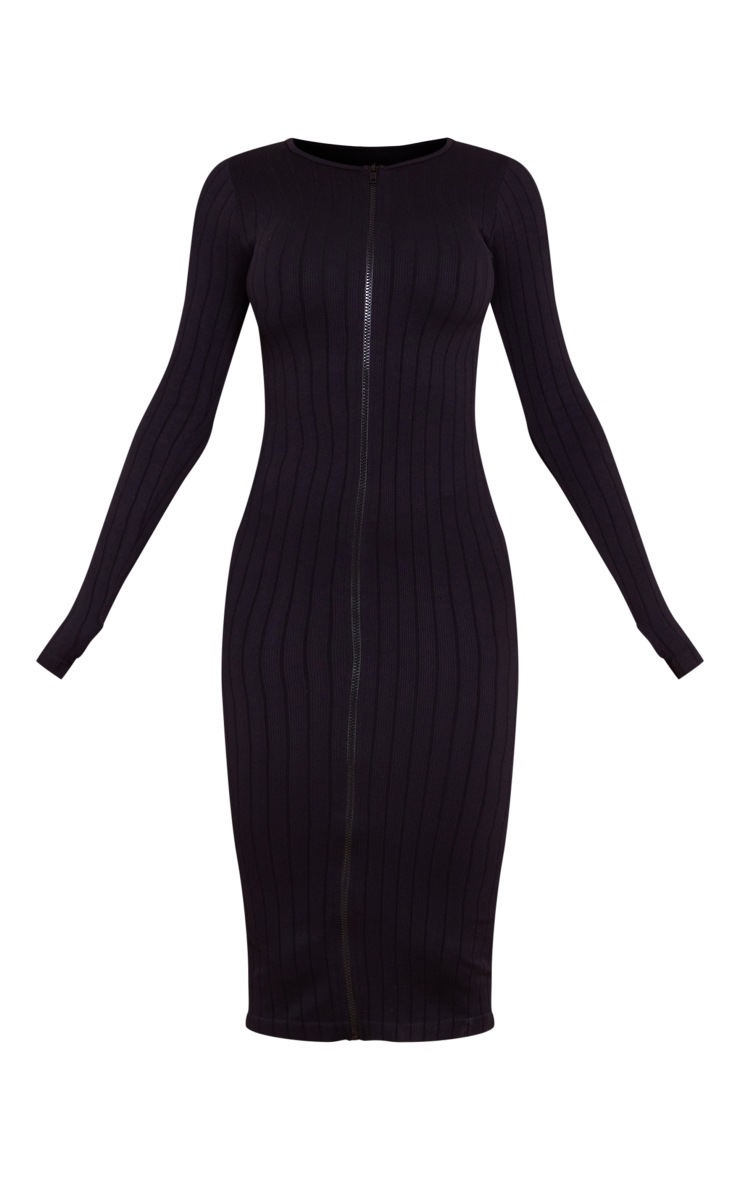 Black Structured Contour Rib Zip Through Thumhole Midaxi Dress image 5