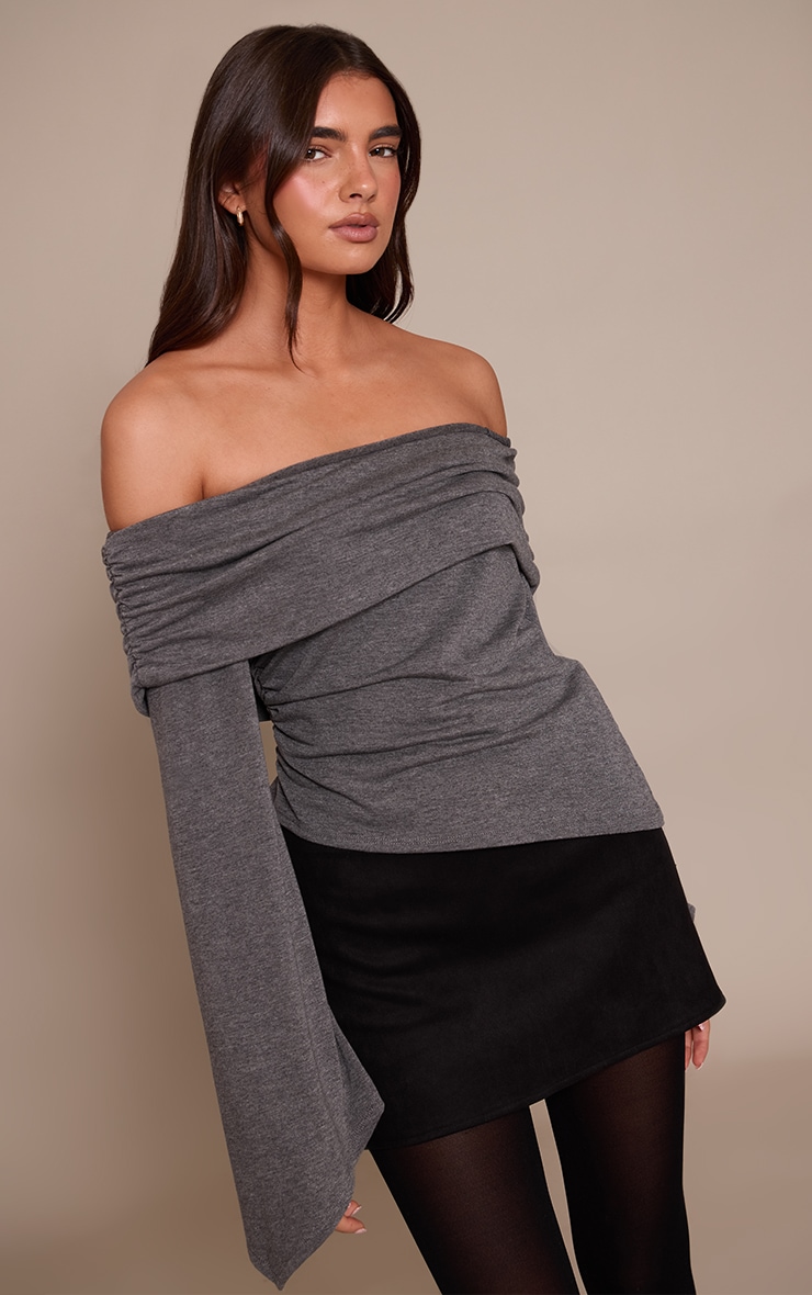 Dark Grey Marl Jersey Fold Over Detail Long Sleeve Top image 1
