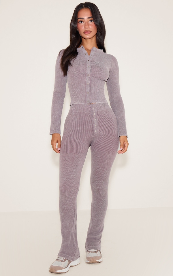 Petite Legging côtelé taupe délavé à contours et détail boutons