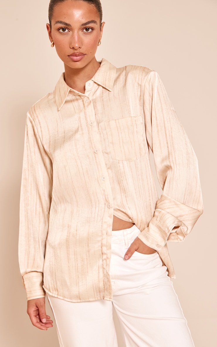 Cream Textured Satin Shoulder Pad Shirt image 4