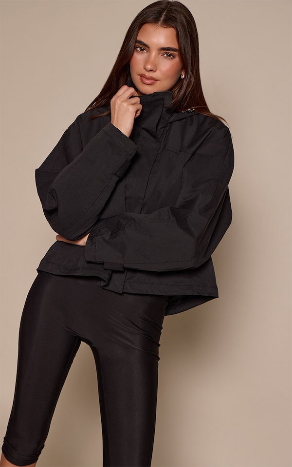 Black Funnel Neck Removable Hood Windbreaker