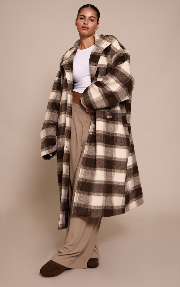 Plus Manteau long en effet laine à carreaux et col entonnoir