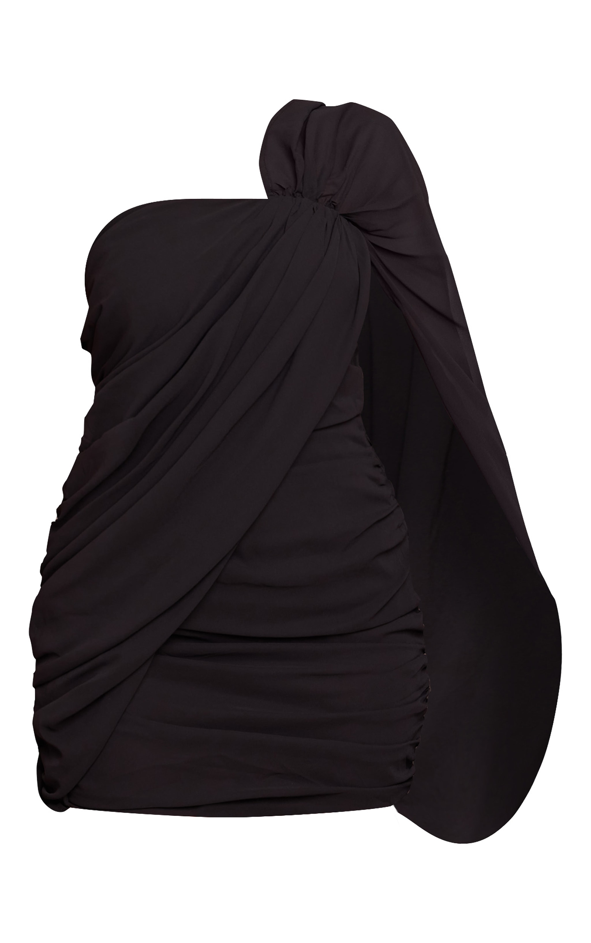 Mini robe en mousseline de soie noire froncée à épaule unique image 5