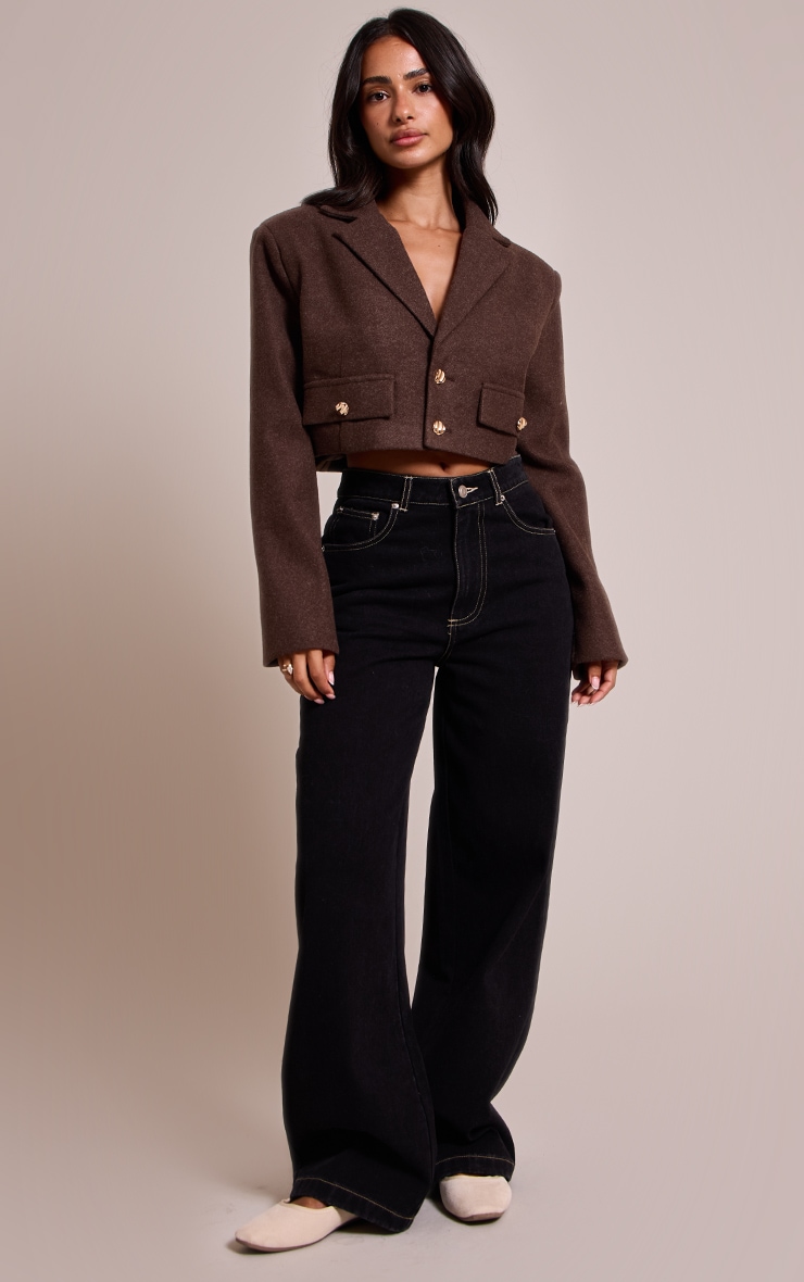 Petite Brown Pocket Detail Cropped Wool Look Blazer image 3