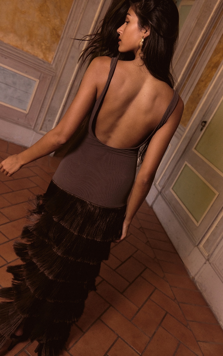 PLT Label Dark Chocolate Mesh Fringe Skirt Maxi Dress image 2