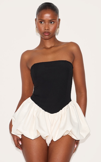Black Contrast Woven Bandeau Puffball Playsuit