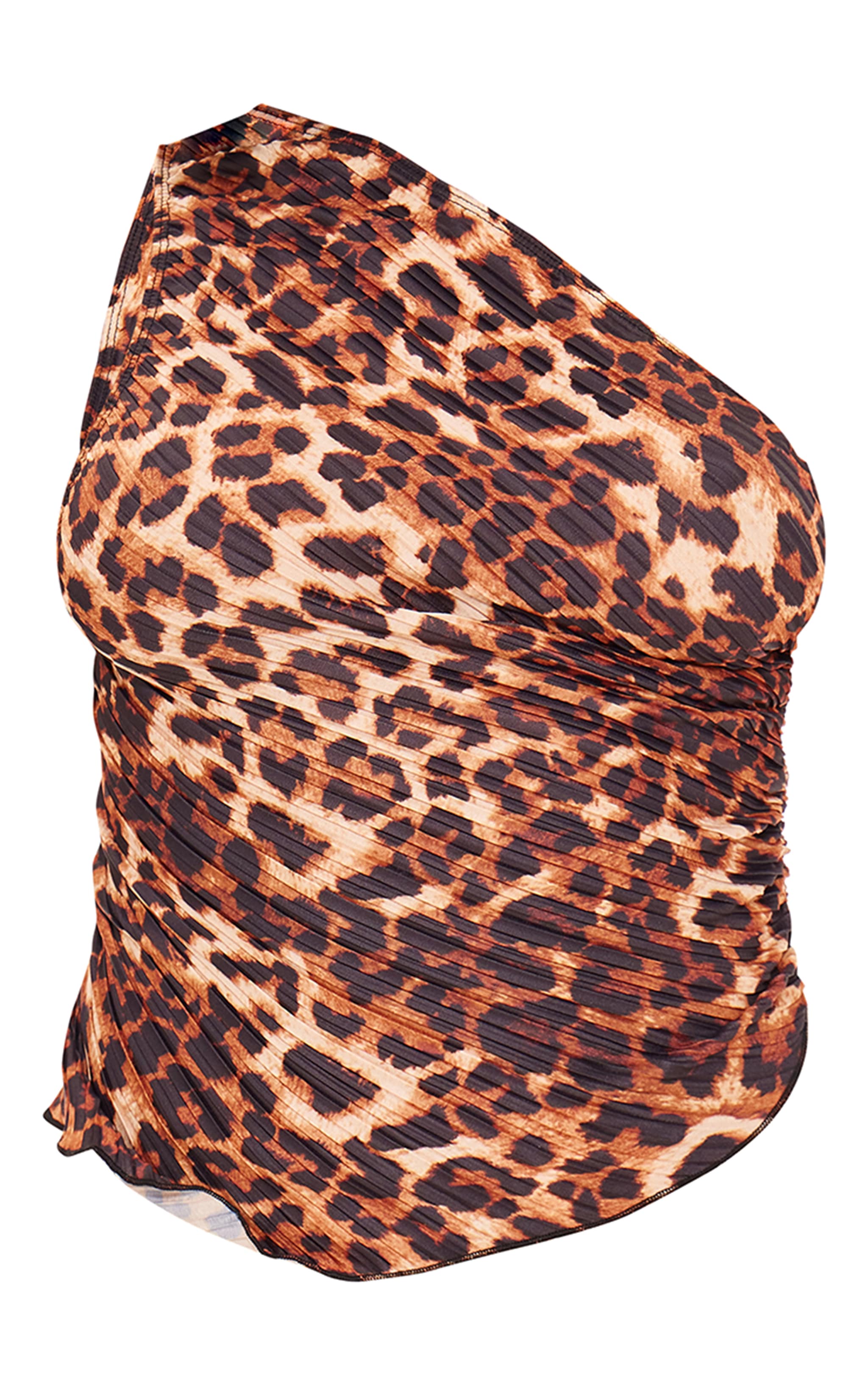Brown Leopard Print One Shoulder Plisse Top image 5