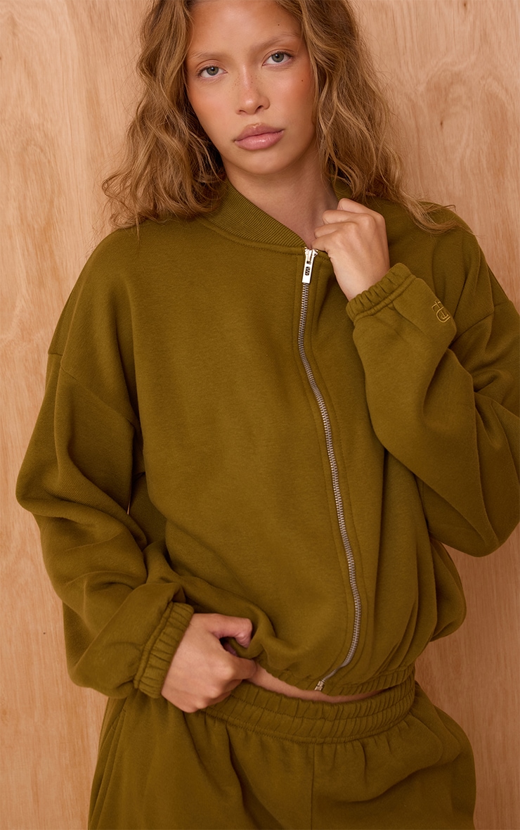 Olive Cotton Fleece Bomber Jacket image 1