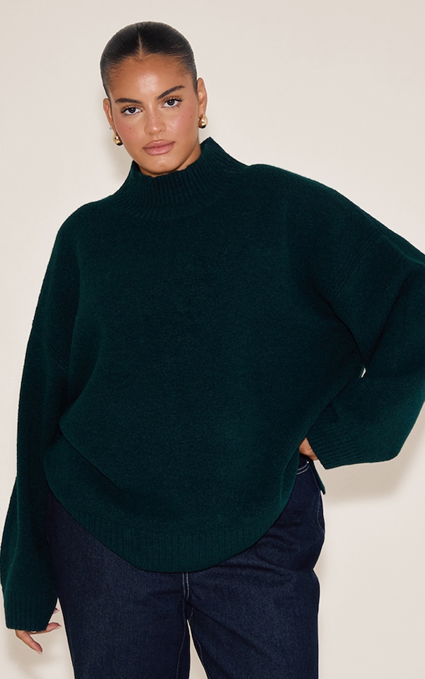 Plus Emerald Green Knit Oversized Polo Neck Sweater