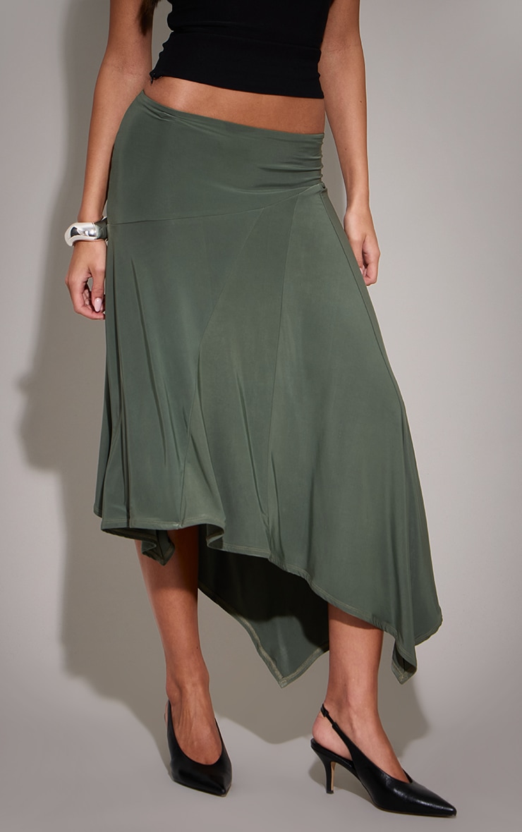 Khaki Slinky Seam Detail Asymmetric Skirt image 2