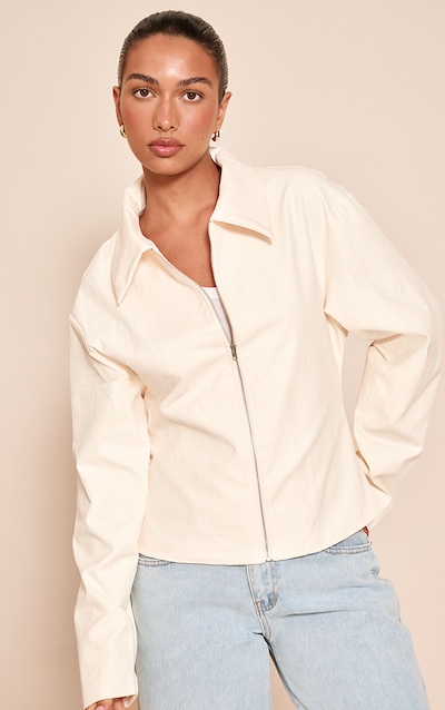 Almond Fitted Zip Up Collared Jacket