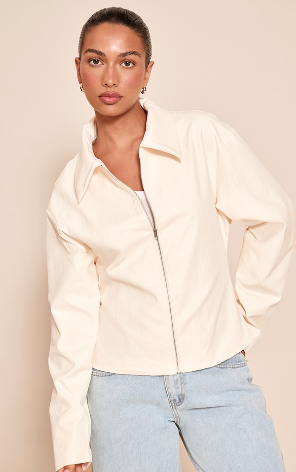 Almond Fitted Zip Up Collared Jacket