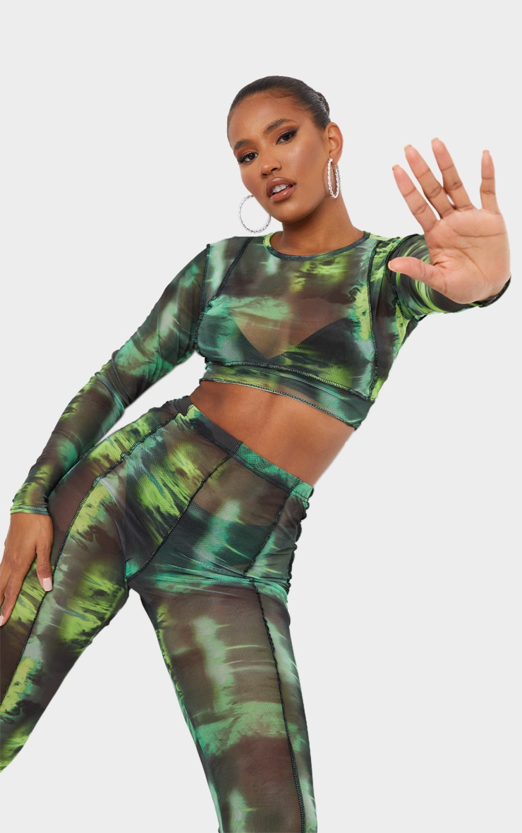 Green Abstract Water Colour Print Sheer Mesh Binding Leggings
