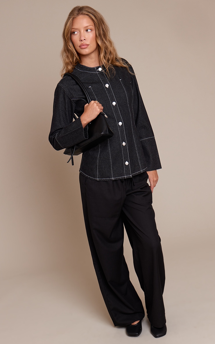 Raw Indigo Round Neck Button Up Cinched Denim Shirt image 3