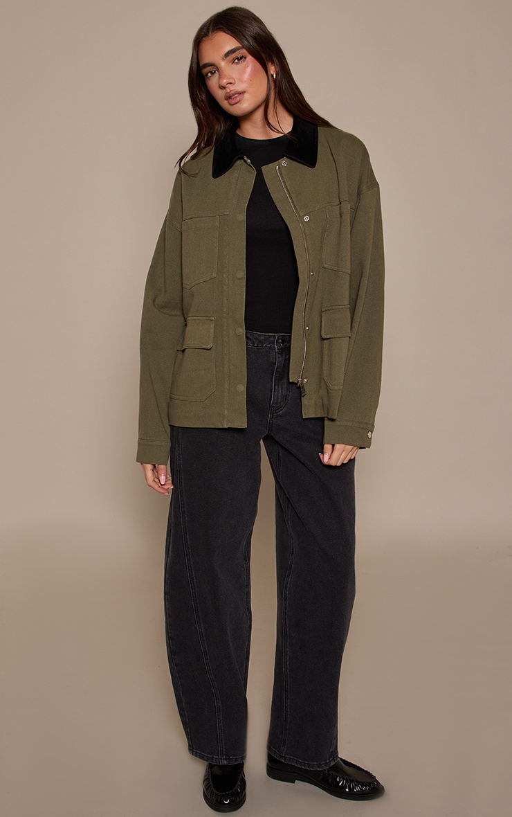 Khaki Faux Suede Contrast Collar Pocket Detail Jacket image 3