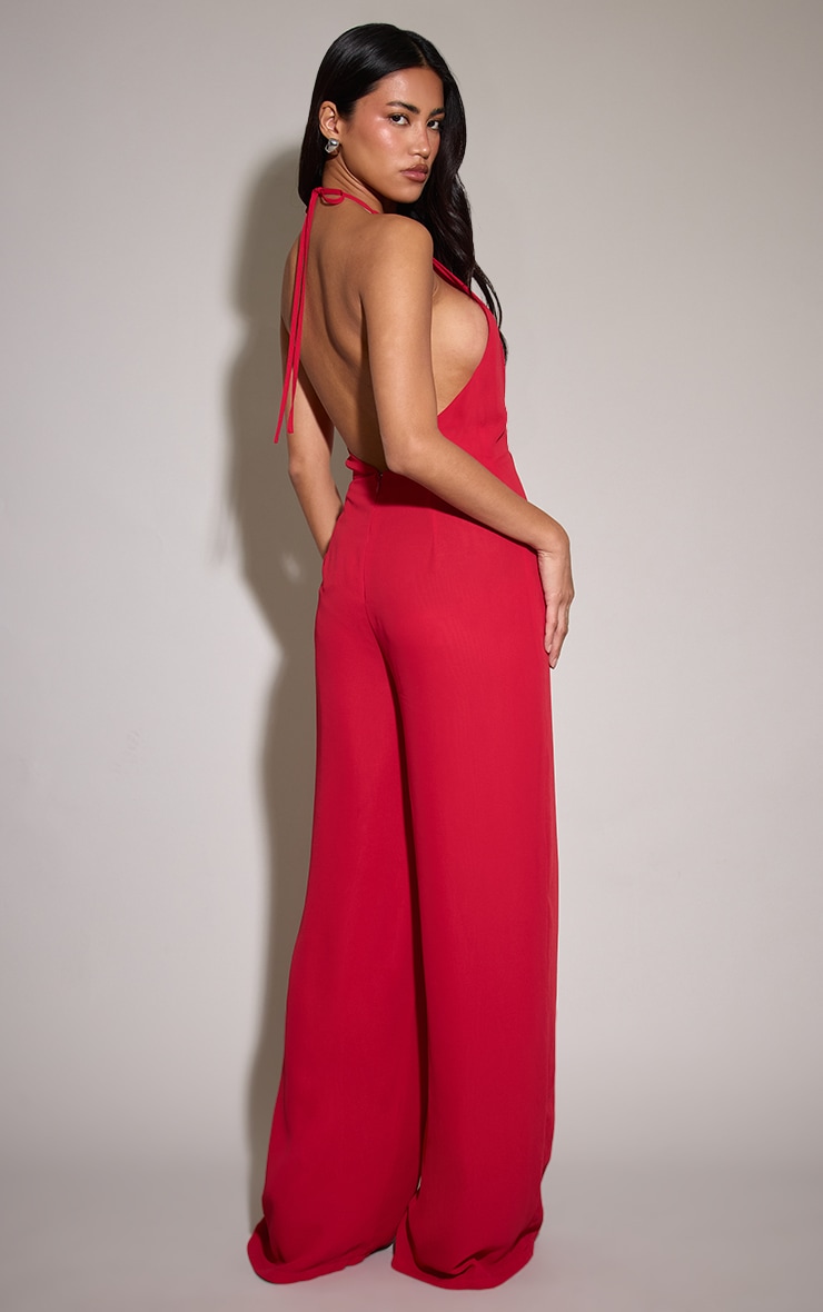 Red Chiffon Halterneck Straight Leg Jumpsuit image 2
