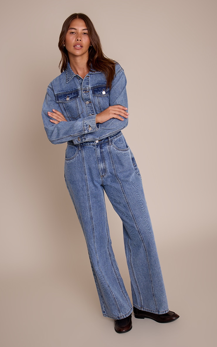 Mid Blue Contrast Stitch Long Sleeve Denim Jumpsuit image 1