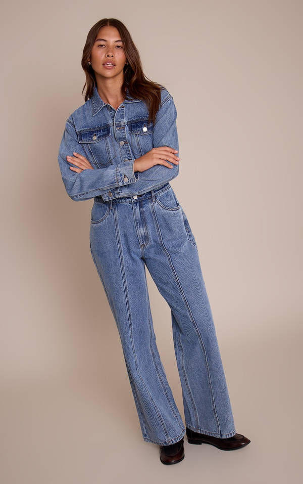 Mid Blue Contrast Stitch Long Sleeve Denim Jumpsuit