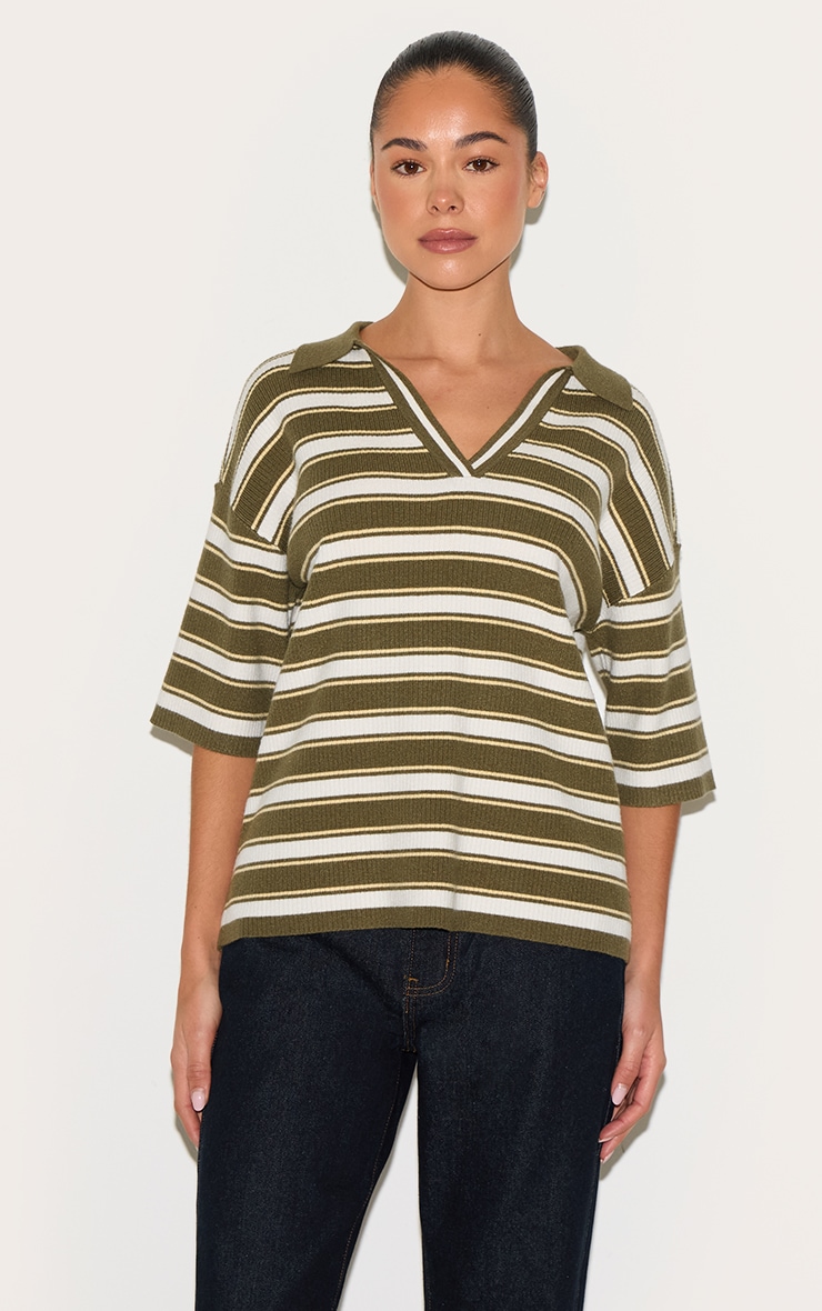 Khaki Stripe Soft Knit V Neck Collar Polo Top image 1