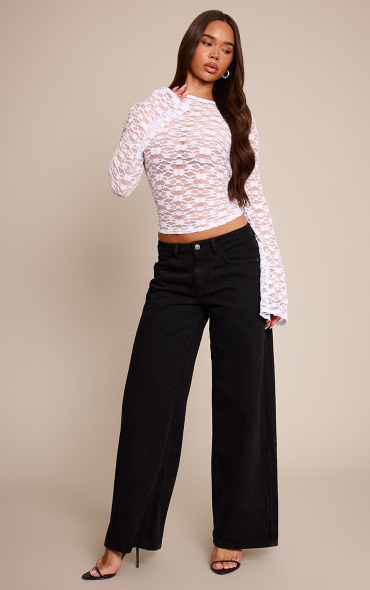 White Textured Lace Cowl Back Flared Long Sleeve Top image 3