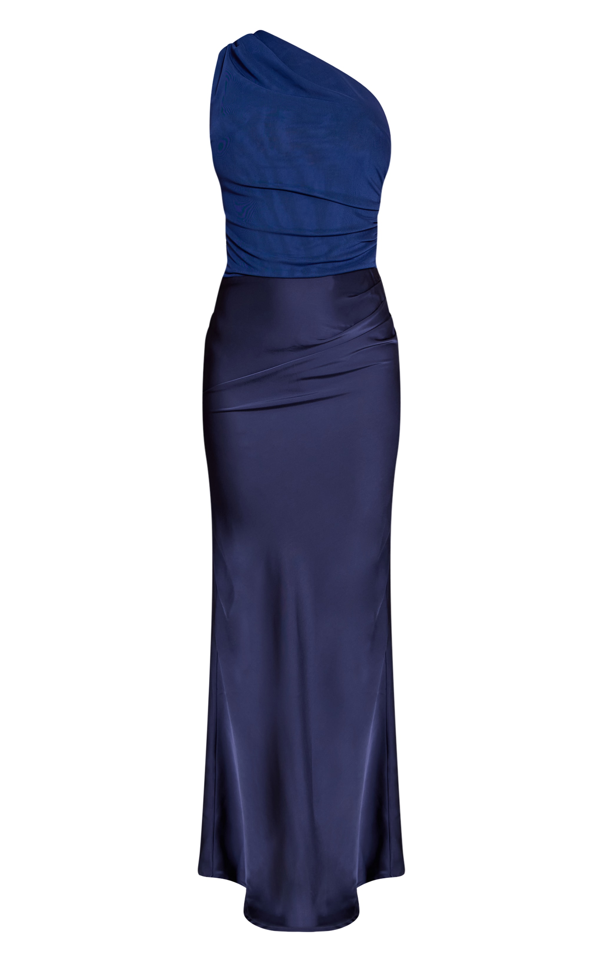 Robe longue bleu marine à épaule unique et partie satinée contrastante image 5