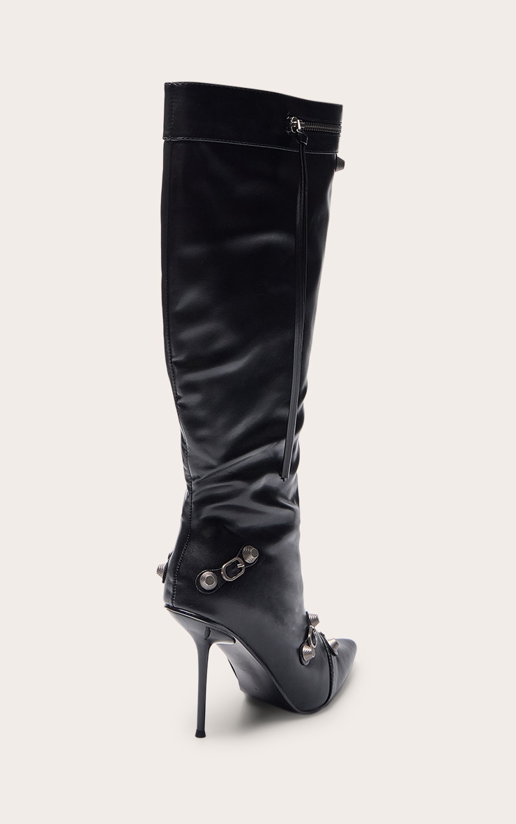 Black PU Zip Detail Point Toe High Heeled Knee Boots image 4