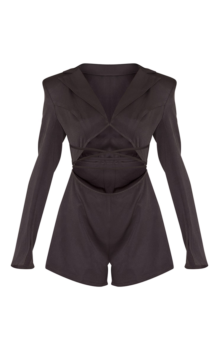 Black Tie Waist Shoulder Pad Blazer Style Romper PrettyLittleThing KSA