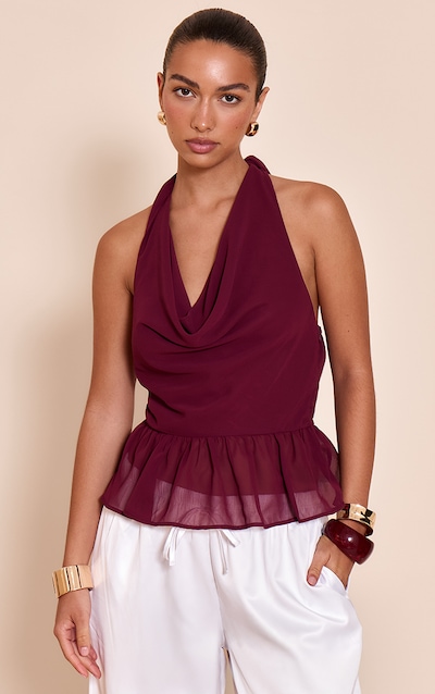 Wine Chiffon Cowl Peplum Hem Halterneck Top