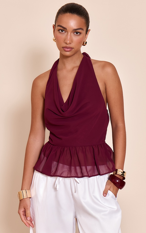 Wine Chiffon Cowl Peplum Hem Halterneck Top