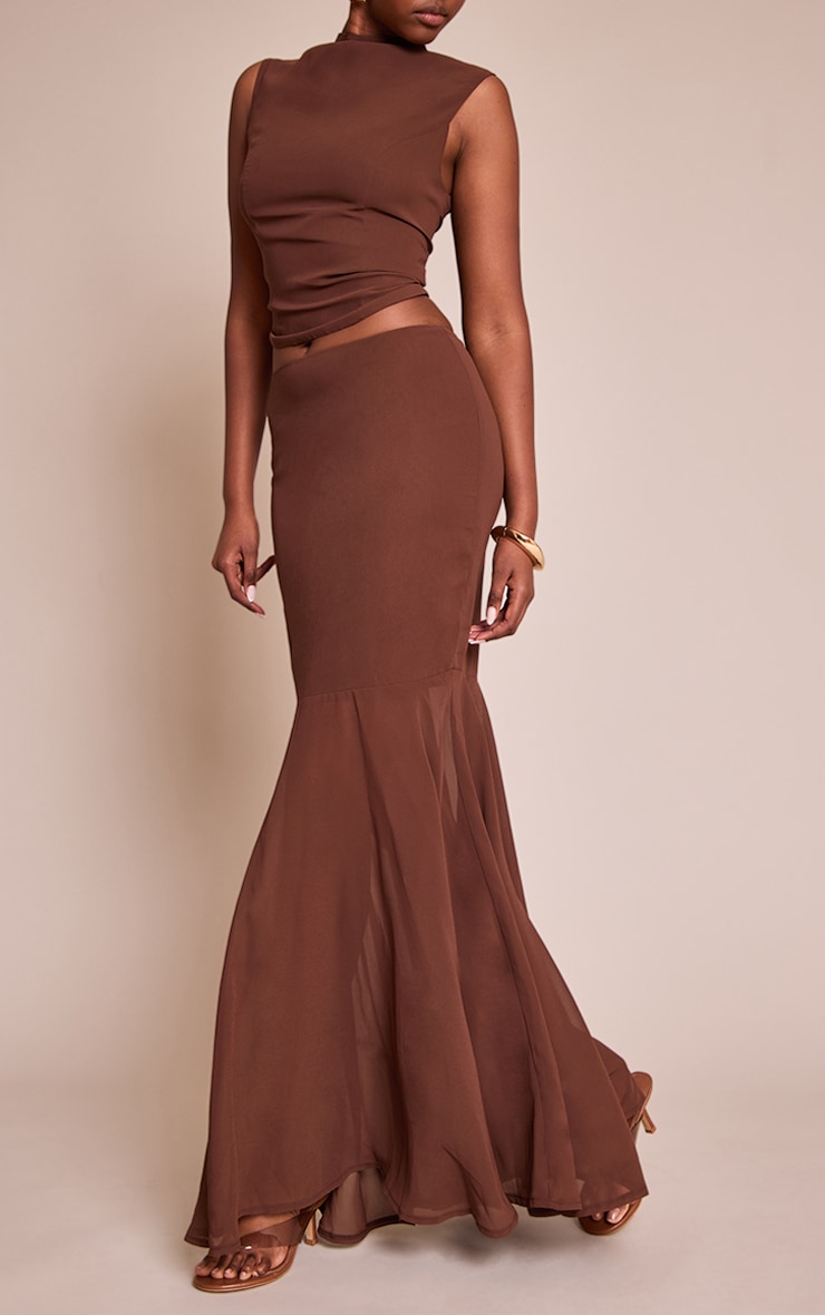 Chocolate Brown Chiffon Fishtail Maxi Skirt image 2