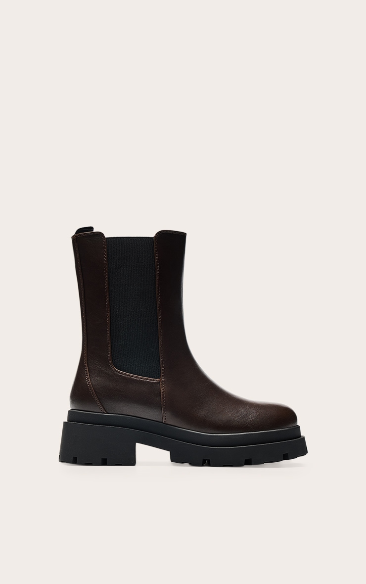 Chocolate PU Chunky Sole Chelsea Boots image 2