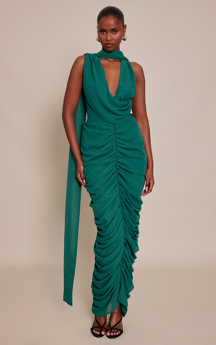 Emerald Chiffon Scarf Detail Ruched Maxi Dress
