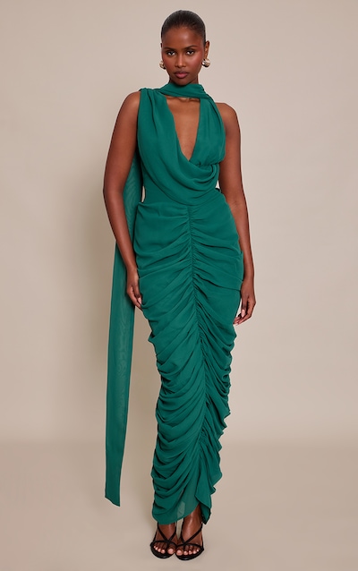 Emerald Chiffon Scarf Detail Ruched Maxi Dress