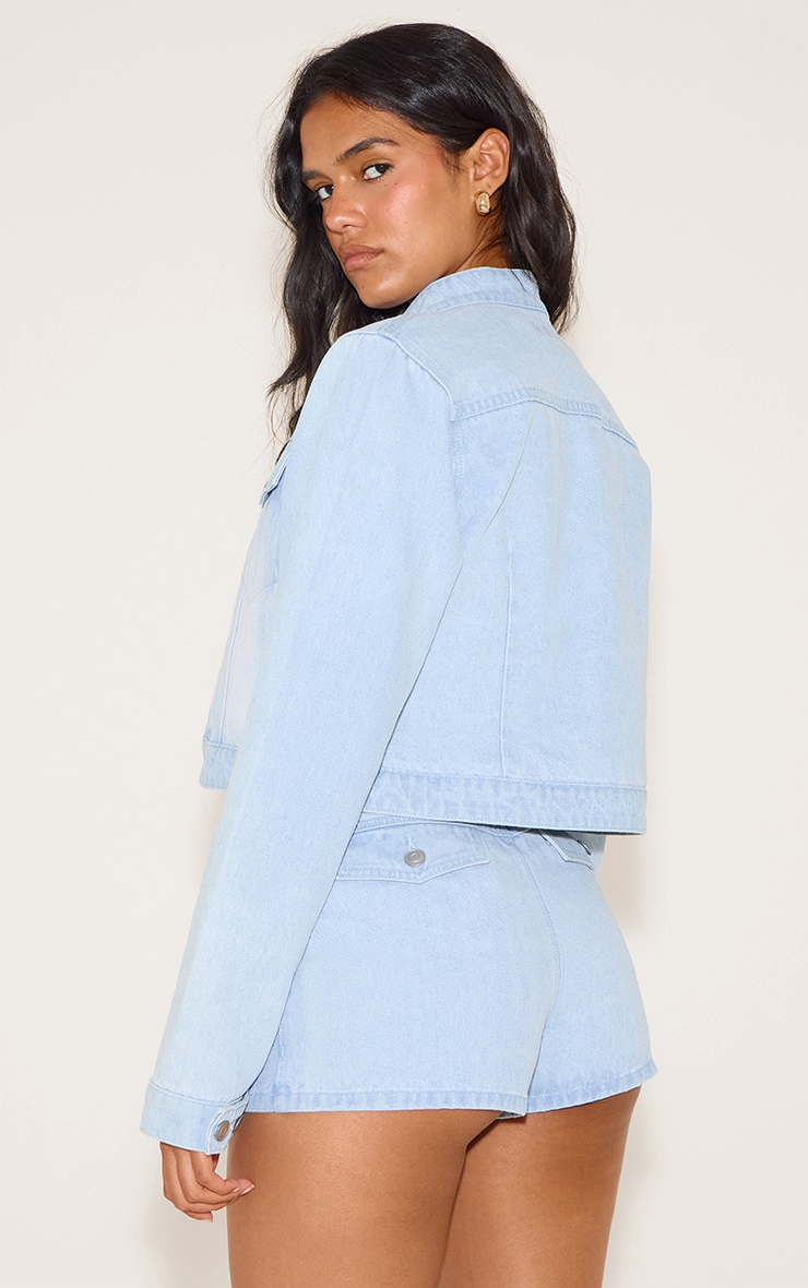 Light Blue Seam Detail Cropped Denim Racer Jacket image 2
