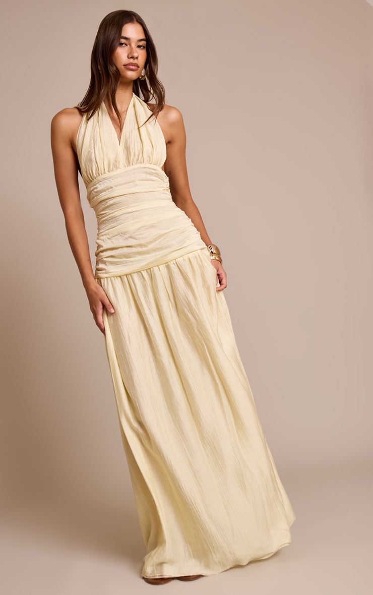 Pale Lime Crinkle Textured Halterneck Maxi Dress image 3