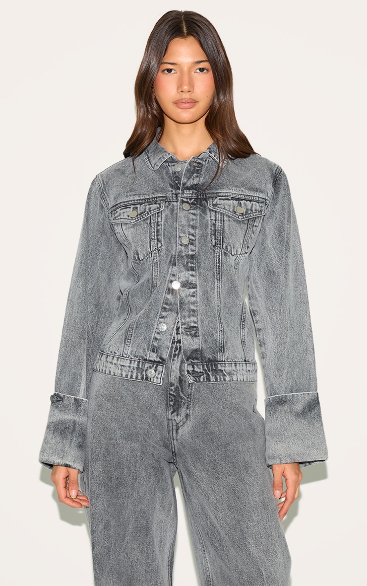 Ice Grey Turn Up Cuff Cinched Back Denim Jacket image 1