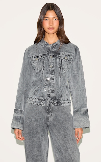 Ice Grey Turn Up Cuff Cinched Back Denim Jacket