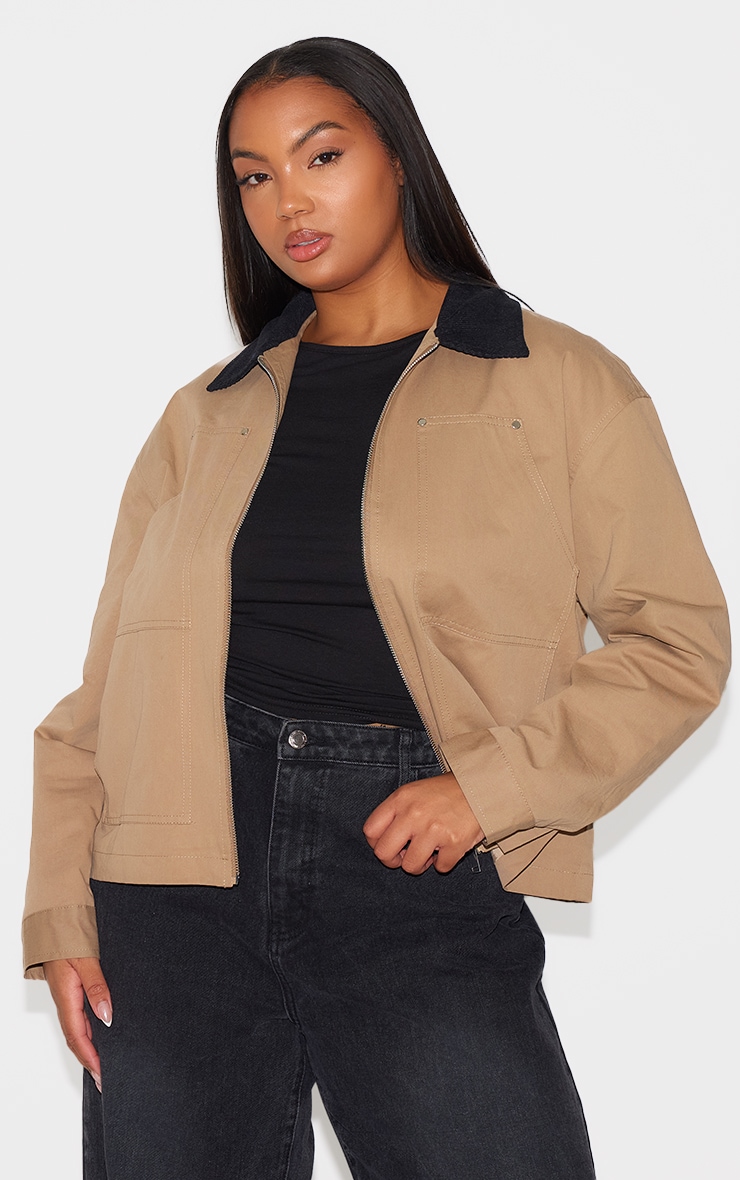 Plus Beige Contrast Collar Pocket Detail Trucker Jacket image 3