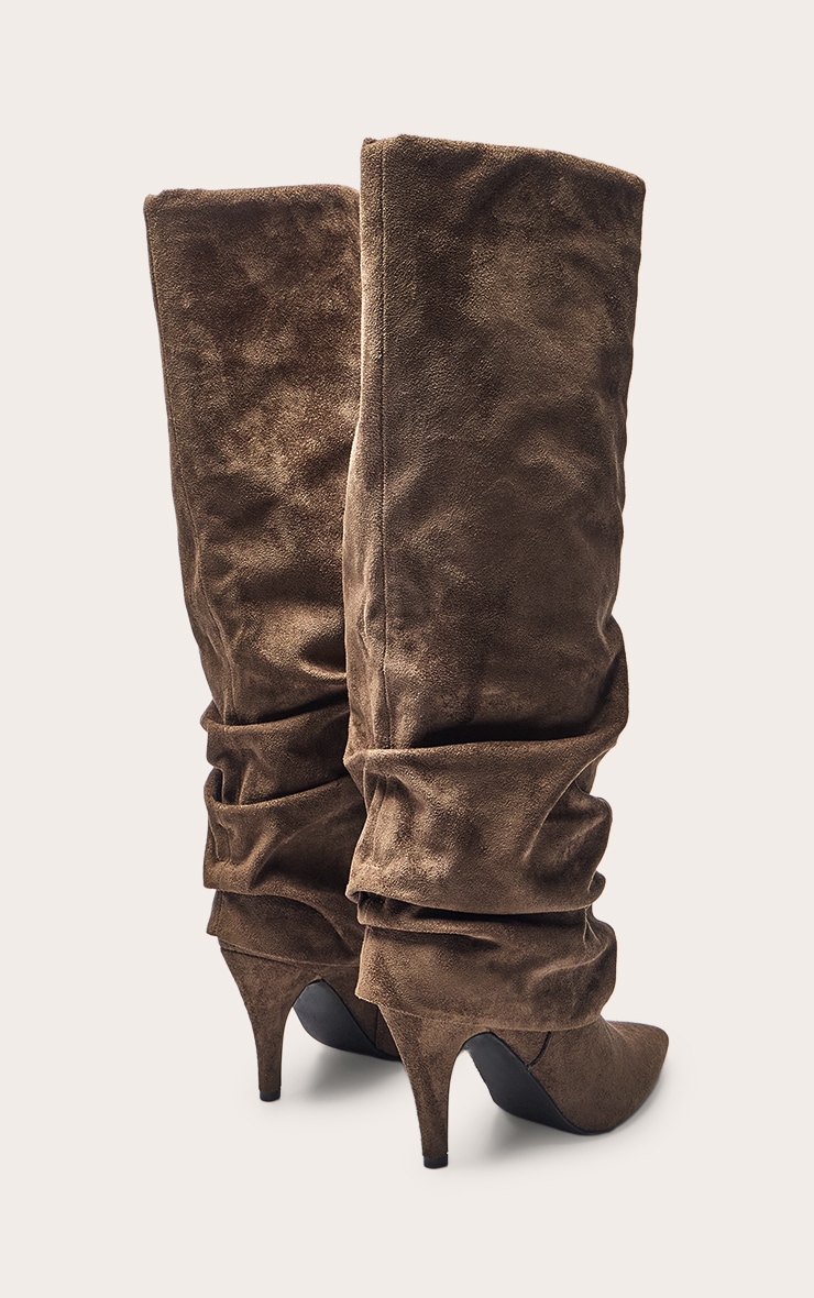 Tan Faux Suede Ruched Fold Over Knee High Boots image 4