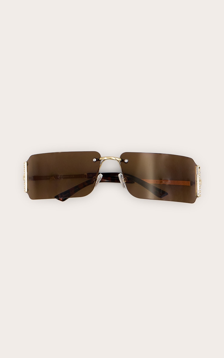 Lunettes de soleil carrées autour des yeux marron à strass image 2
