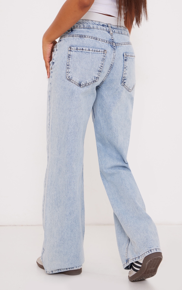 Blue Acid Wash Boxer Detail Waistband Wide Leg Jeans image 3