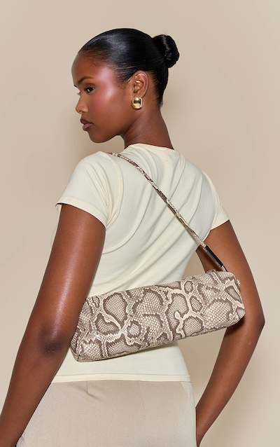 Snake Print PU Silver Hardware Shoulder Bag